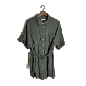 Mable Romper Womens Large Short Sleeve Belted Utility Button Up Linen Blend Jump